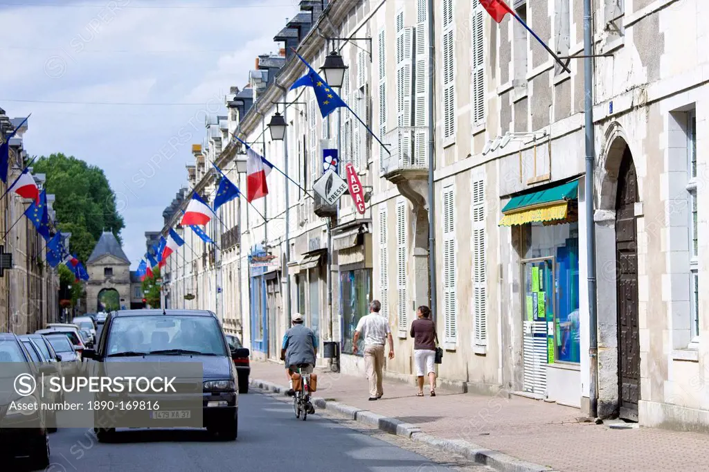 European Community and French flags in town of Richelieu in Loire Valley, Indre et Loire, France