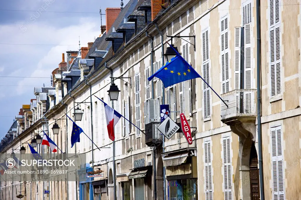 European Community and French flags in town of Richelieu in Loire Valley, Indre et Loire, France