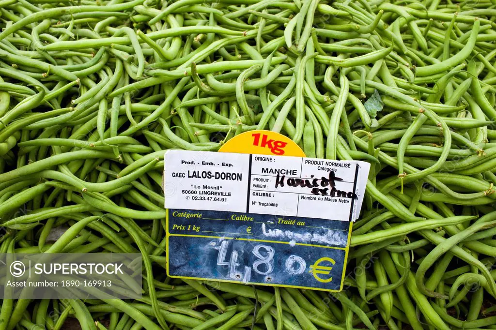 Local produce haricots verts beans at farmers market in Normandy, France