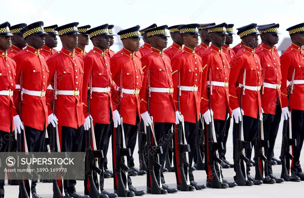 Military Guard Of Honour of Jamaica Defence Force with rifles and bayonets outside Parliament in Kingston, Jamaica