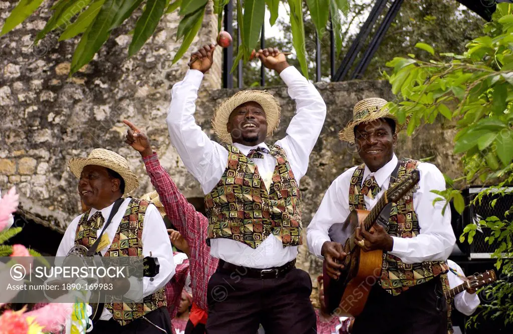 Musicians in panama hats and waistcoats at cultural display at Governor General's Residence, Kings House, Kingston, Jamaica