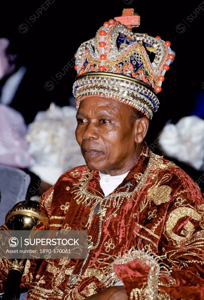 Nigerian chief wearing jewel crown at tribal gathering cultural event at Port Harcourt in Nigeria, West Africa