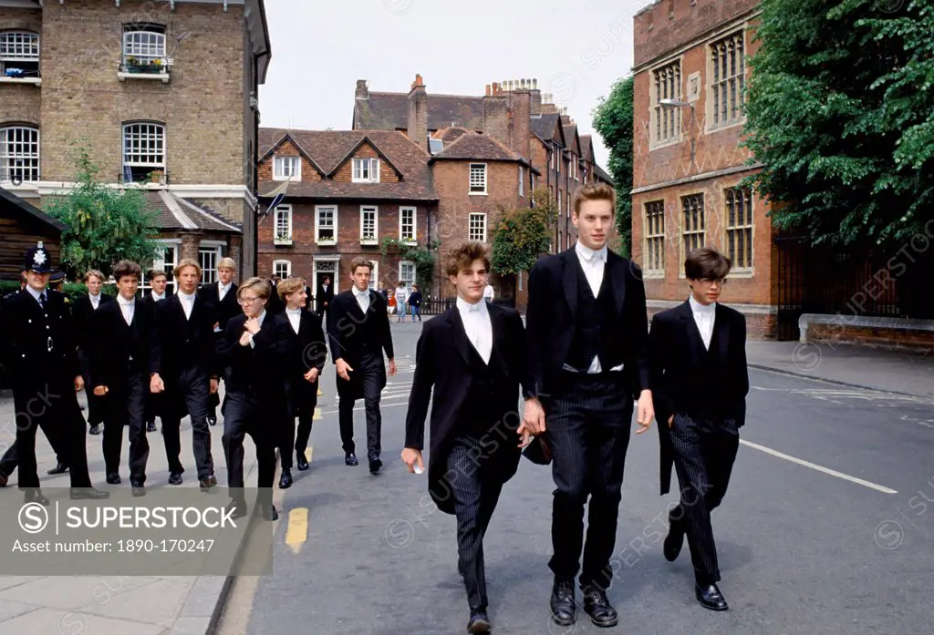 Eton schoolboys in traditional tails at Eton College, England, UK