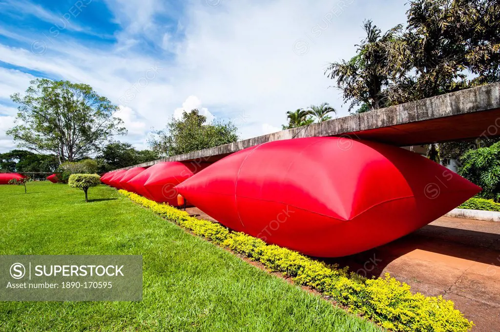 Inflated red pillows as modern art in Brasilia, Brazil, South America