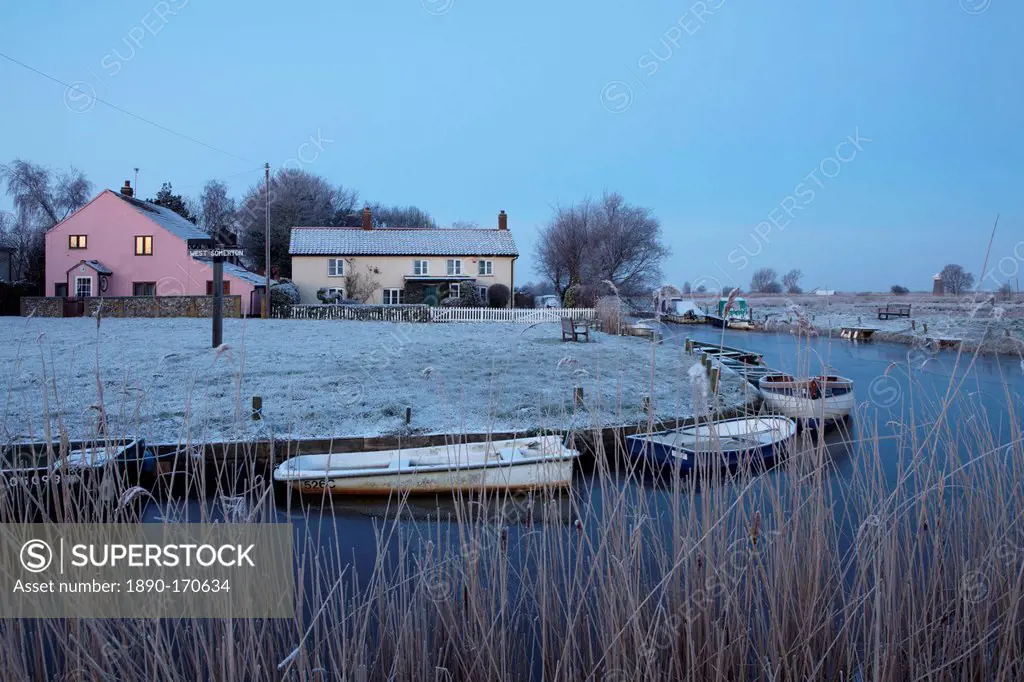 An early morning winter view of West Somerton Staithe, Norfolk, England, United Kingdom, Europe