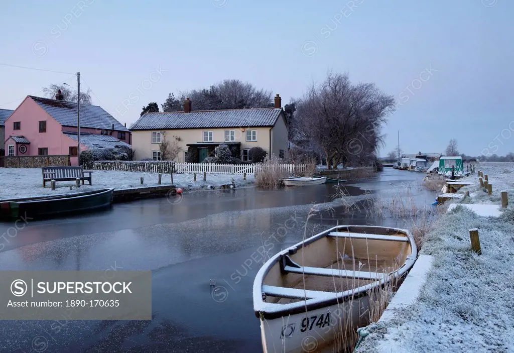 A frosty winter morning in the Norfolk Broads at West Somerton Staithe, Norfolk, England, United Kingdom, Europe