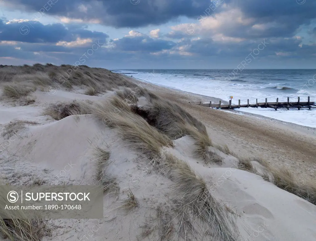 The sand dunes and beach at Horsey on a moody evening, Norfolk, England, United Kingdom, Europe