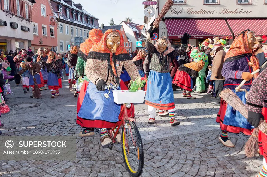 Two witches on a bike, Swabian Alemannic Carnival, Gengenbach, Black Forest, Baden Wurttemberg, Germany, Europe