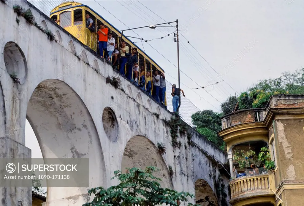 Bonde' tram on the Arcos da Lapa, Lapa Arch, in Rio de Janeiro, Brazil
