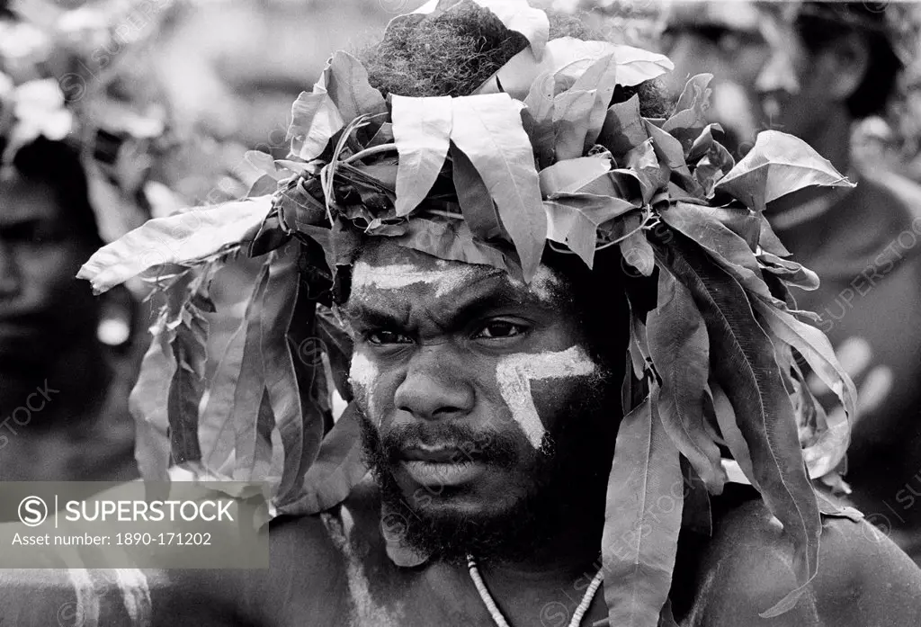 South Pacific islander in native dress at traditional tribal ceremony in Honiara, Solomon Islands, South Pacific