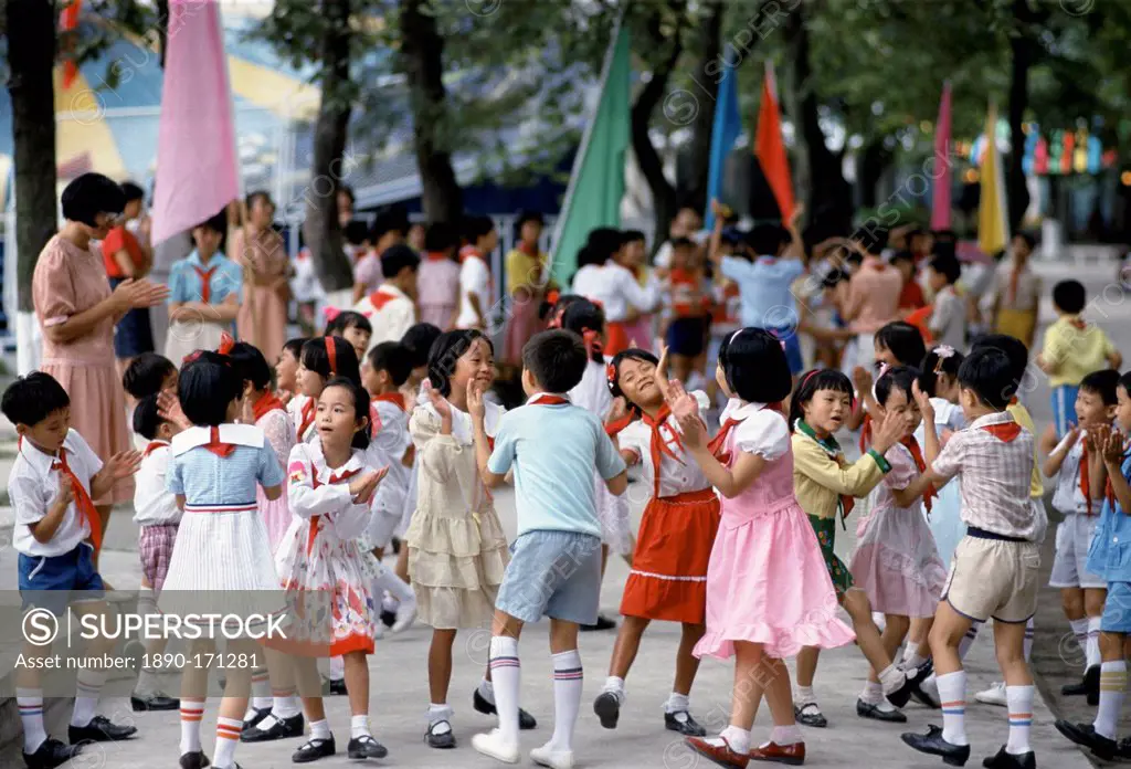 Chinese children attending a cultural display in Canton, China in the 1980s