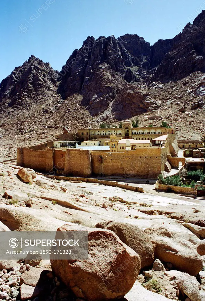 St Catherine's Monastery at foot of Mount (Mount el-Deir), also Mount Sinai, in Sinai Desert in Egypt