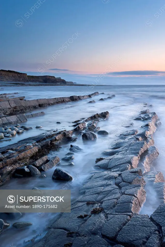 Rocky ledges in twilight, Kilve Beach, Somerset, England, United Kingdom, Europe