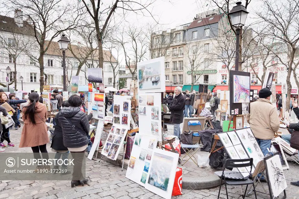 Paintings for sale in the Place du Tertre, Montmartre, Paris, Ile de France, France, Europe