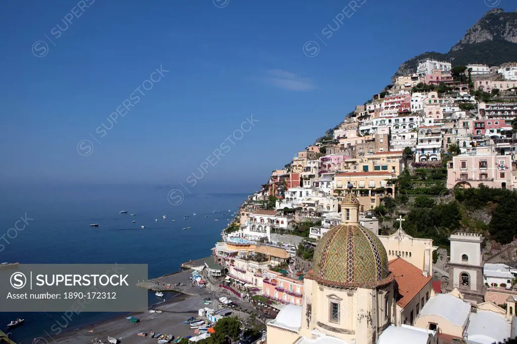 View of Positano with the typical majolica dome of Santa Maria Assunta, Costiera Amalfitana, UNESCO World Heritage Site, Campania, Italy, Europe