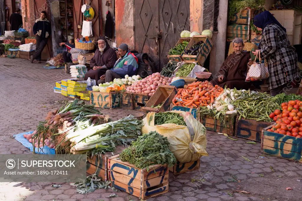 Vegetables for sale at a street market near Bab Agnaou in Marrakech, Morocco, North Africa, Africa