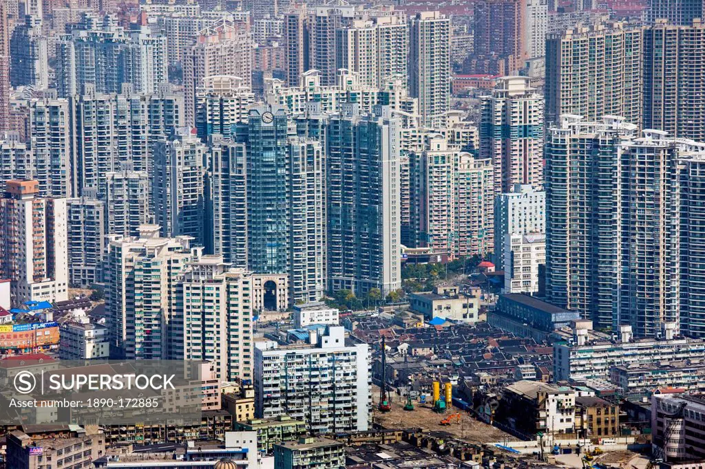 Shanghai skyline of high rise apartment blocks seen from the Oriental Pearl Television Tower, China