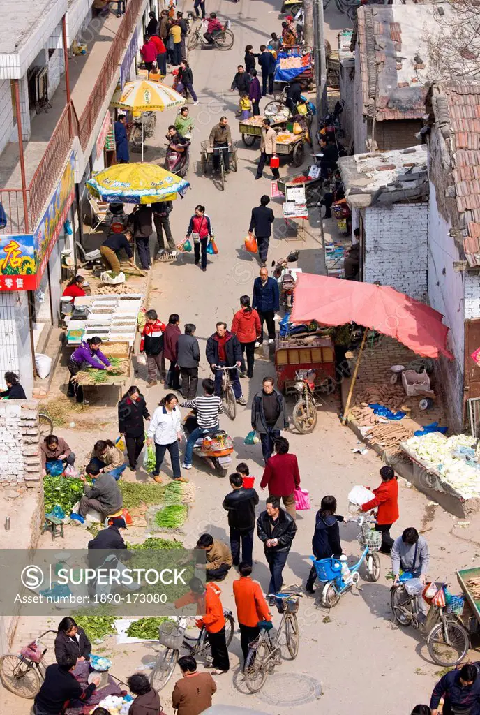 Traditional Chinese street market viewed from the City Wall, Xian, China