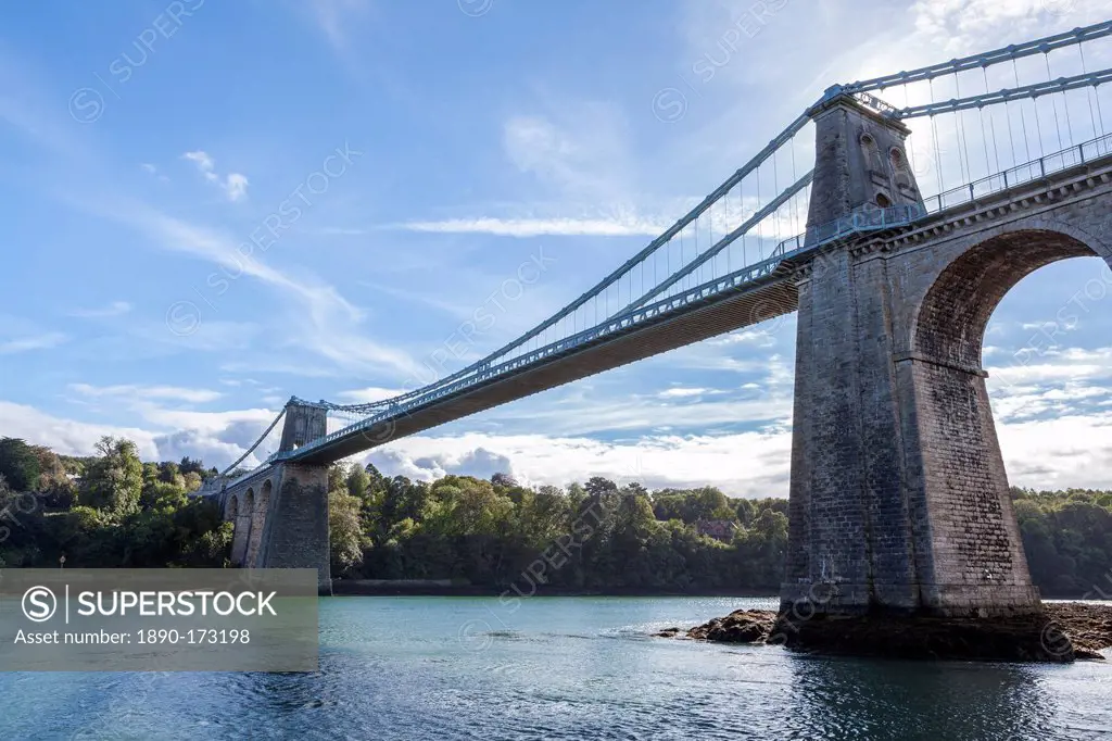 Menai Bridge spanning the Menai Strait, Anglesey, Wales, United Kingdom, Europe