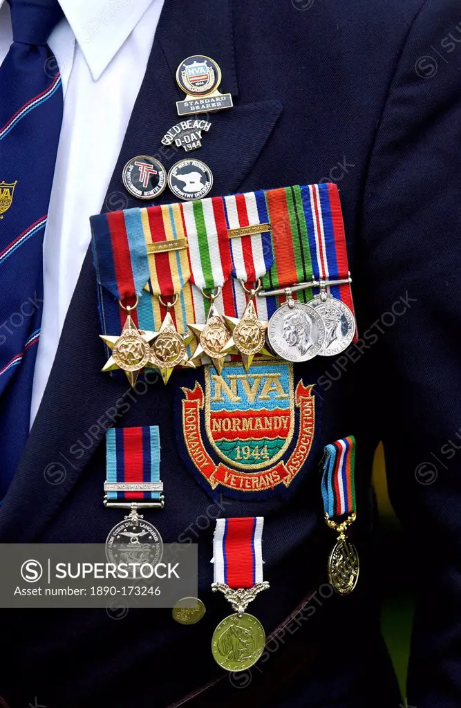Medals of a Veteran soldier of the D-Day Landings worn for a parade of Veterans at the start of the 60th Anniversary Commemorations.