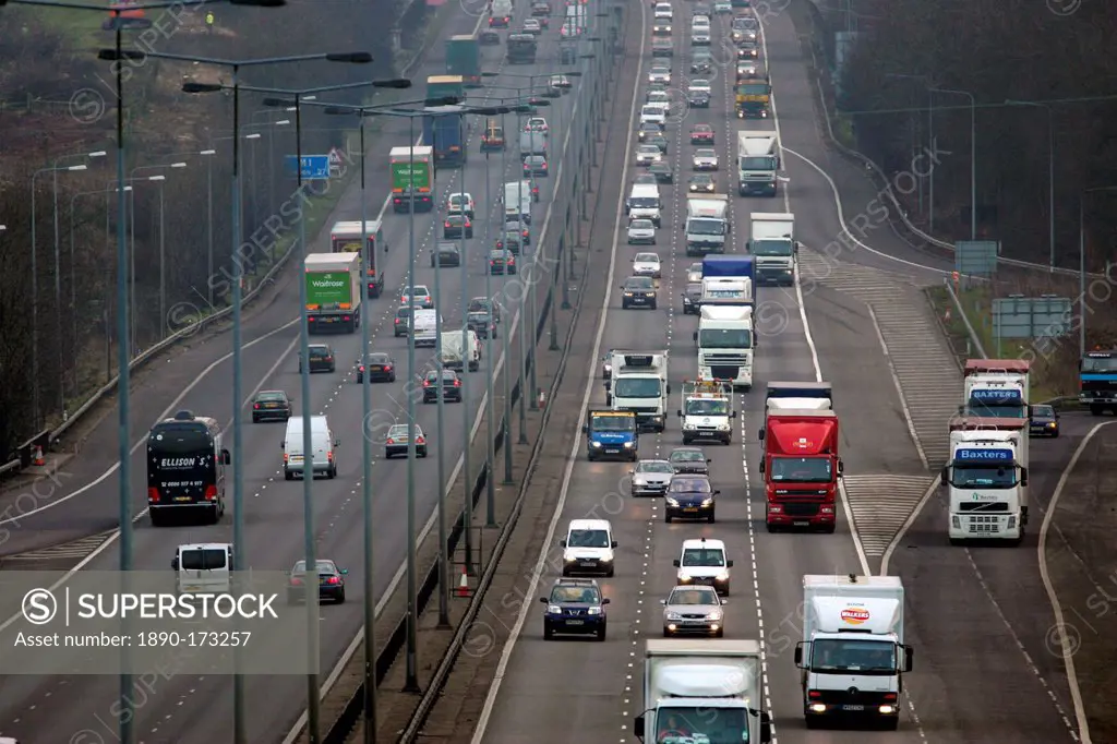 Northbound and southbound traffic on M1 Motorway near Hertfordshire, United Kingdom.