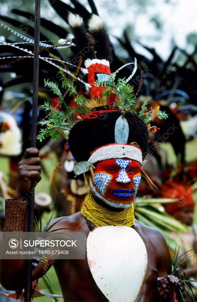Tribesman in war paints at gathering of tribes, Mount Hagen, Papua New Guinea.
