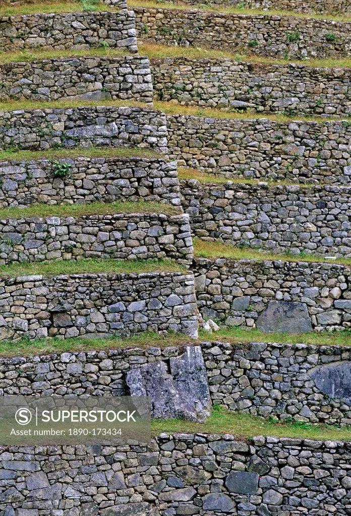 Dry-stone walls of Machu Picchu ruins of Inca citadel in Peru, South America
