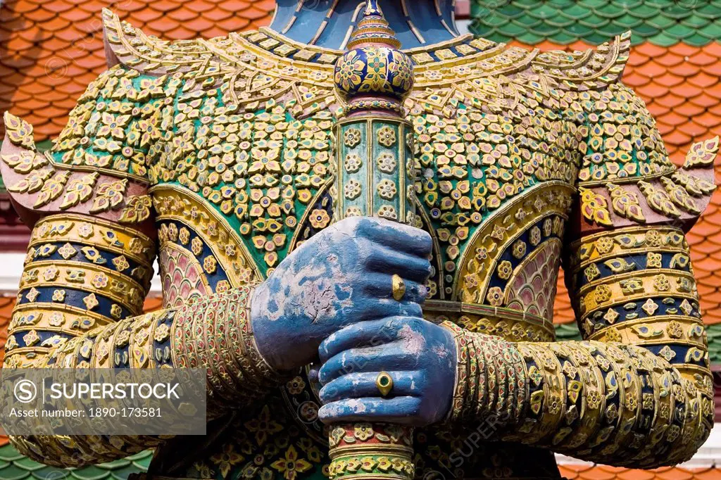 Indrajit Giant statue guards an entrance to Wat Phra Kaeo, Bangkok, Thailand