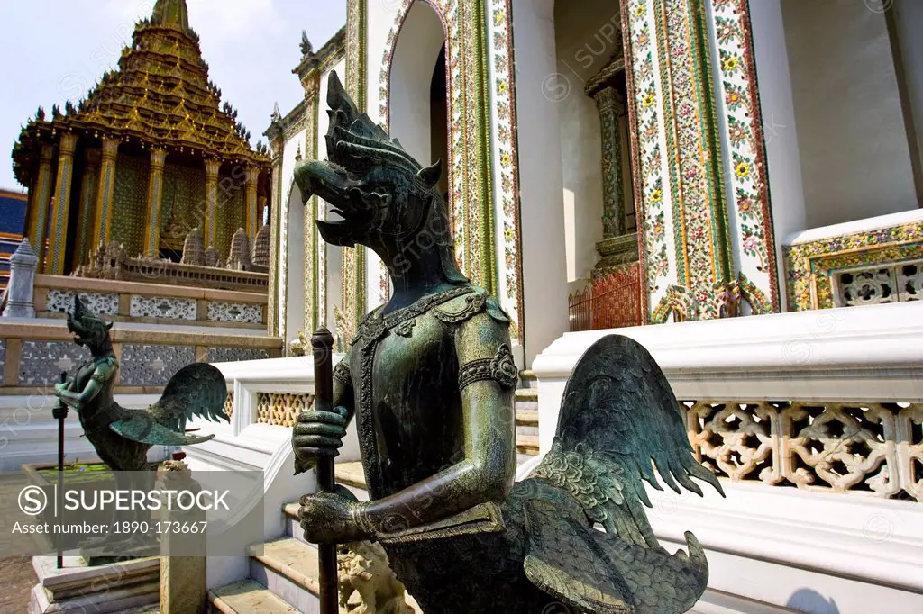 Mythical gryphons guard The Grand Palace and Temple complex, Bangkok, Thailand