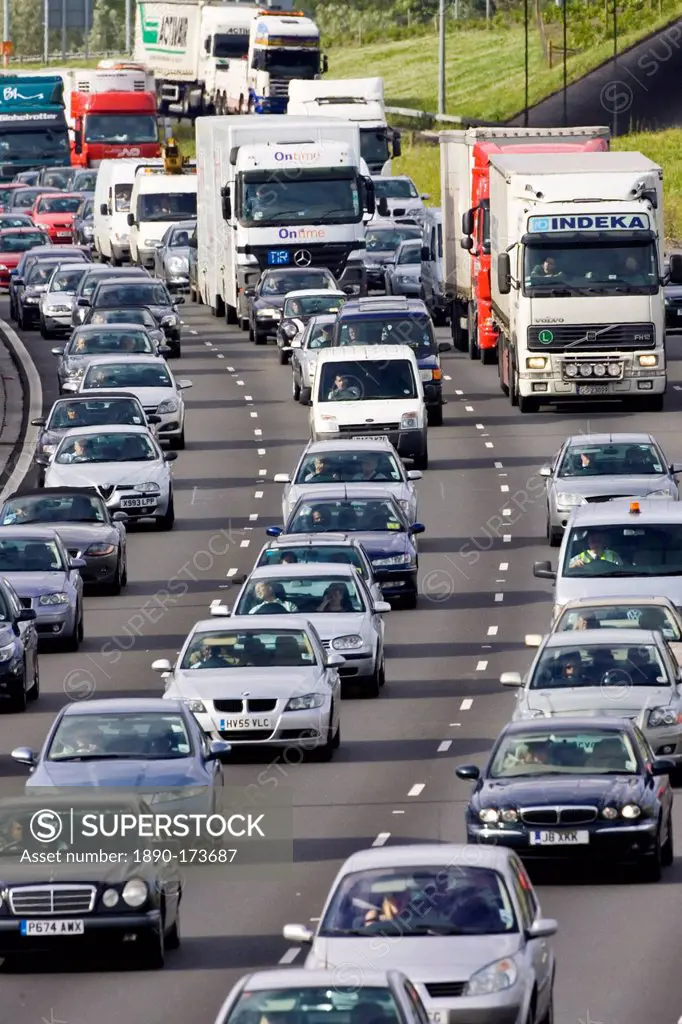 Traffic congestion cars and trucks in all carriageways on M25 motorway, London, United Kingdom