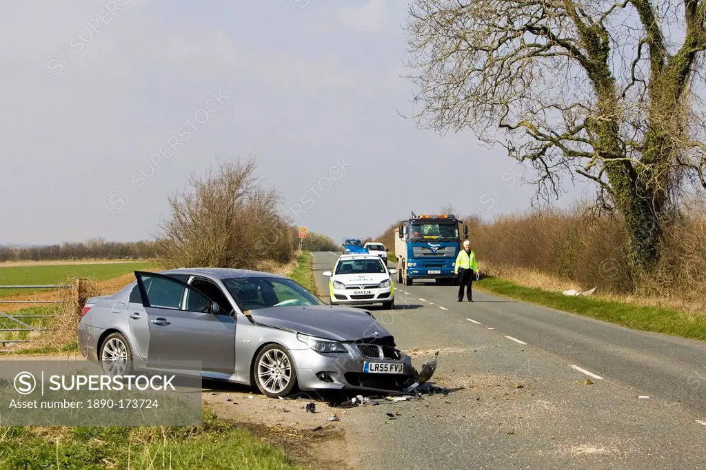 BMW car after a crash, Oxfordshire, England, United Kingdom