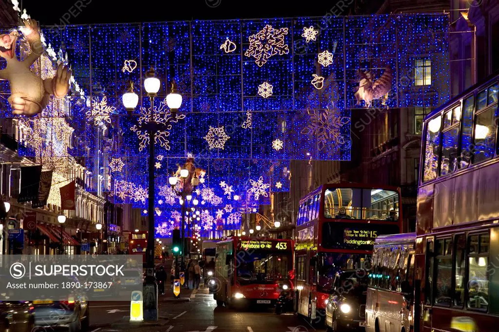 Christmas decorations and traffic in Regent Street, London, United Kingdom
