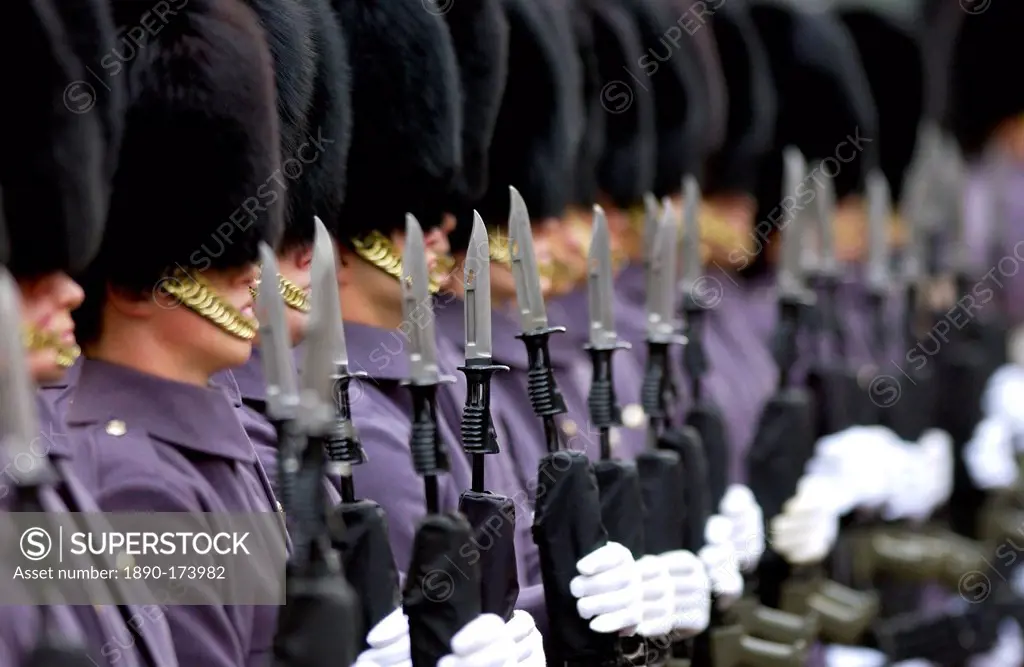 Grenadier guardson parade with bayonets on rifles, London