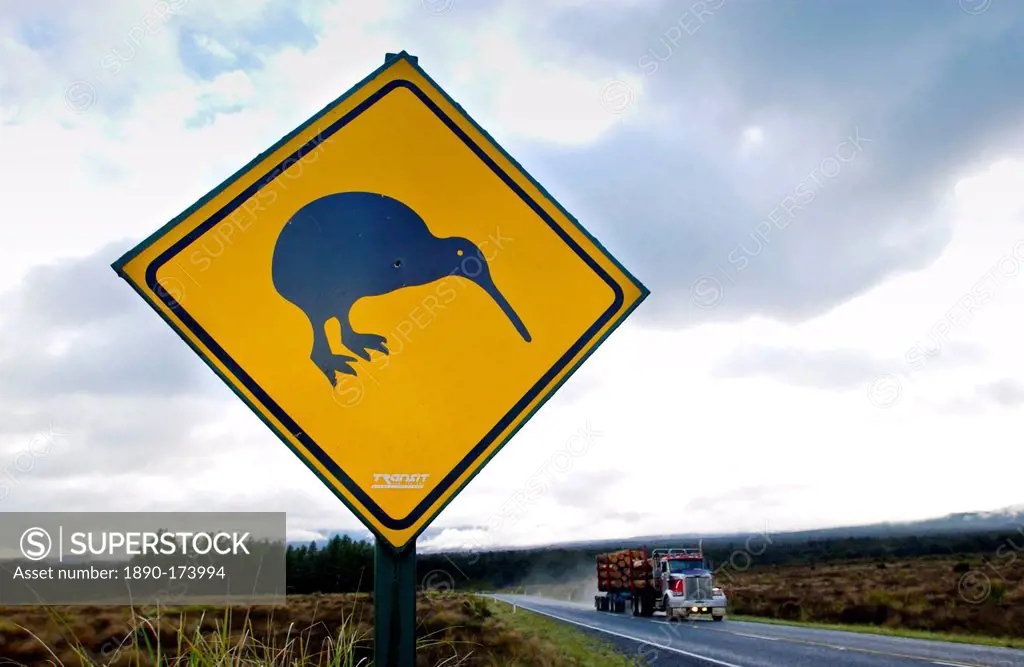 Freight transport truck passes road traffic sign - look out for kiwis, North Island, New Zealand