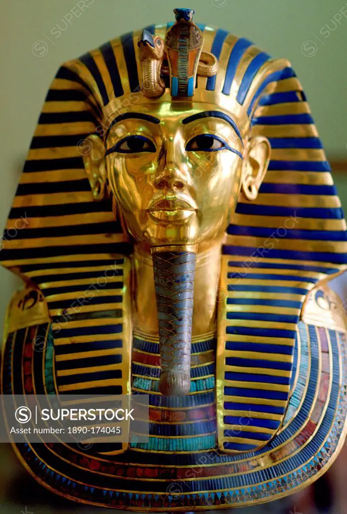 Gold mask of the face of King Tutankhamun in the Cairo Museum in Egypt.