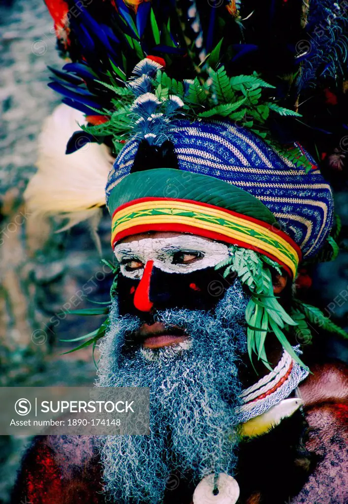 Bearded tribesman wearing war paints and feathered headdress during a Sing Sing gathering of tribes at Mount Hagen in Papua New Guinea