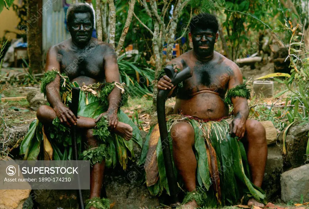 Traditional Fijian Warrior Guards wearing grass skirts and face paints, Fiji, South Pacific