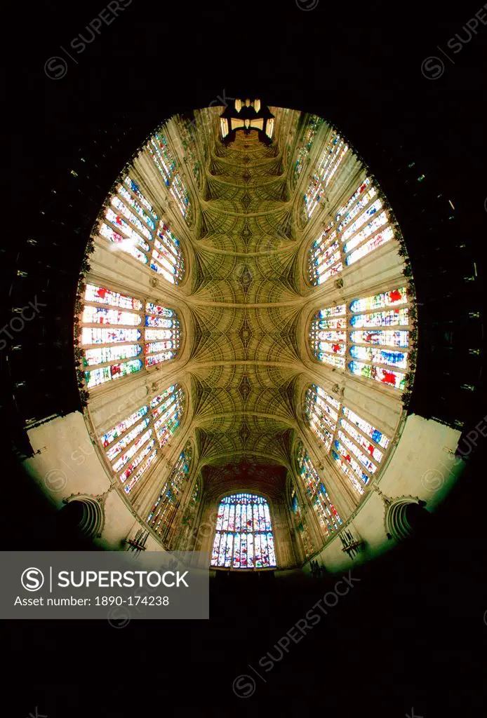 Fish eye view of the stained glass windows and roof of King's College Chapel, Cambrige, England