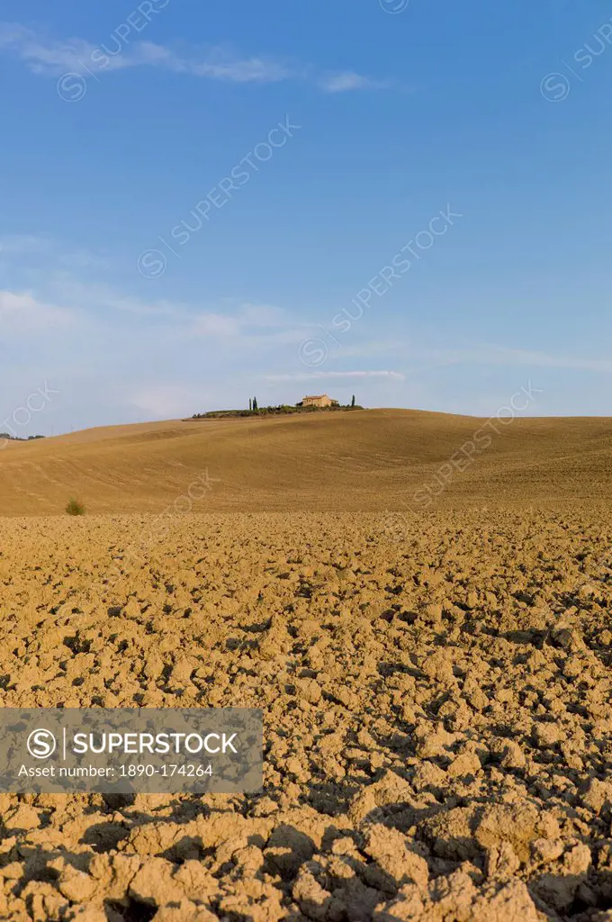 Typical Tuscan parched landscape near Pienza in Val D'Orcia, Tuscany, Italy