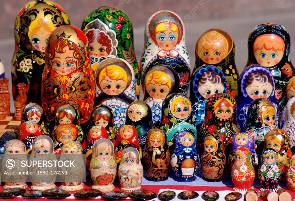 Russian Babushka dolls on display in a market in St Petersburg, Russia