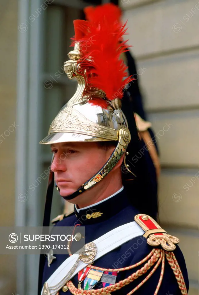 A ceremonial guard at the Elysee Palace in Paris, France.