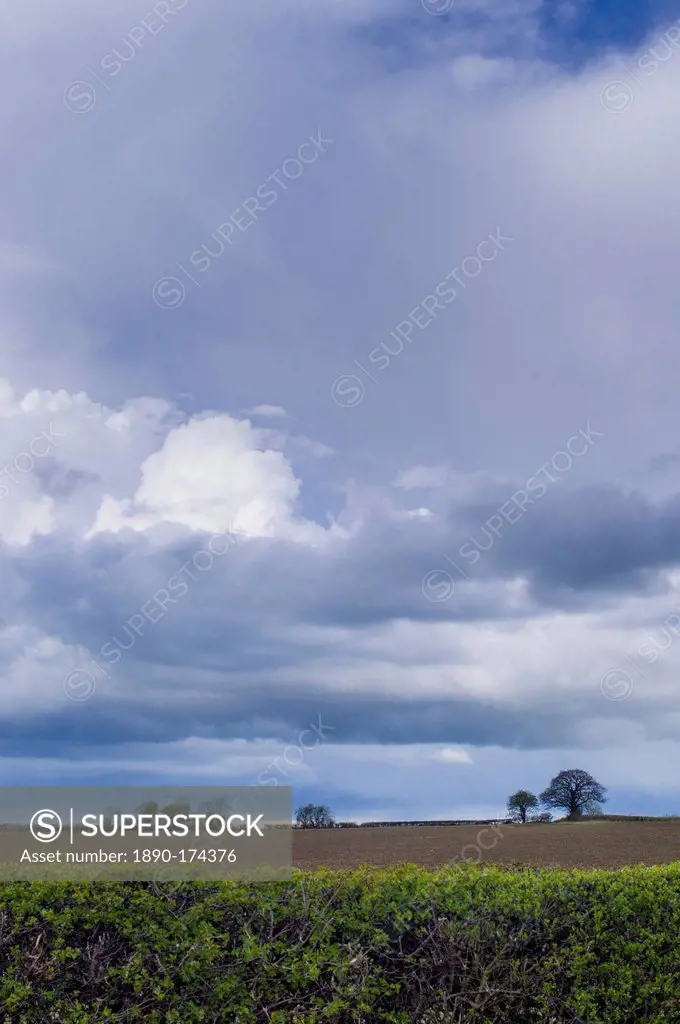 Storm clouds in cloud formation above ploughed field in springtime in Swinbrook in the Cotswolds, Oxfordshire, UK