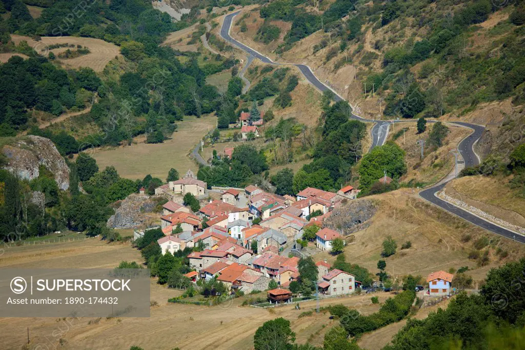 Mountain village in valley Santa Marina de Valdeon in Picos de Europa, Northern Spain