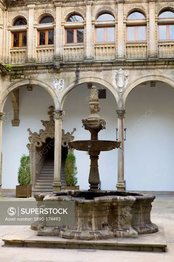 Fountain in Parador Hostal de Los Reyes Catolicos in Santiago de Compostela, Galicia, Spain