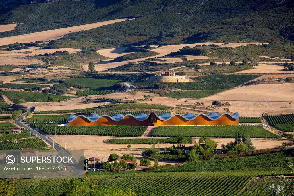 Futuristic architecture in traditional landscape Ysios Bodega winery at Laguardia in Rioja-Alaveda wine-producing area, Spain