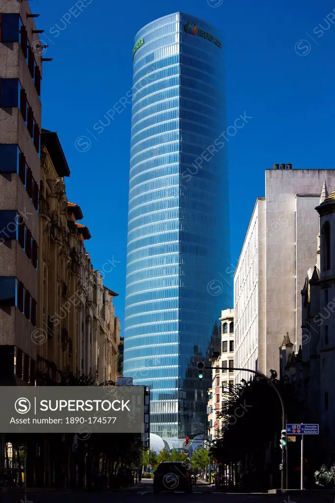 Iberdrola Tower, Torre Iberdrola, offices of Iberdrola Basque utility company near traditional architecture in Bilbao, Spain