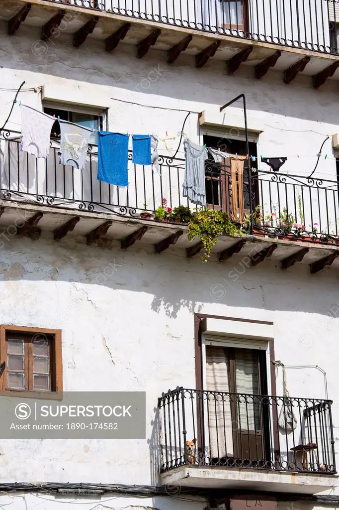 Traditional Spanish architecture in Calle el Medio street of Laredo, Cantabria, Spain