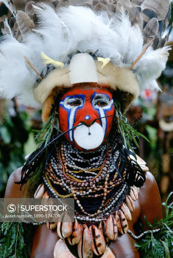 Tribesman wearing war paints and feathered headdress during a gathering of tribes at Mount Hagen in Papua New Guinea