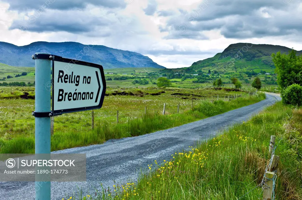 Reilig Na Breanana gaelic sign in Gaeltecht area of Connemara, County Galway, Ireland