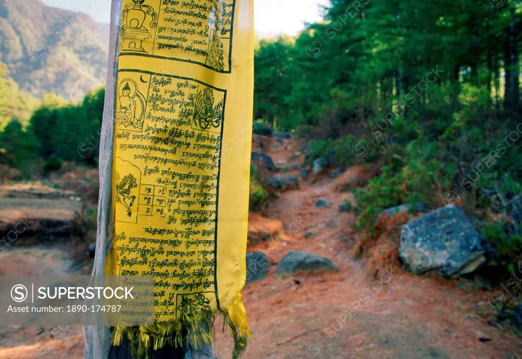 Buddhist prayer flag on mountain path to Tak Tsang Monaster, Bhutan